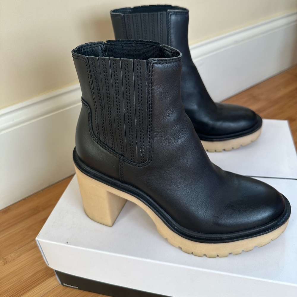 Dolce Vita Black Leather Chunky Heel Ankle Boots with Tan Platform